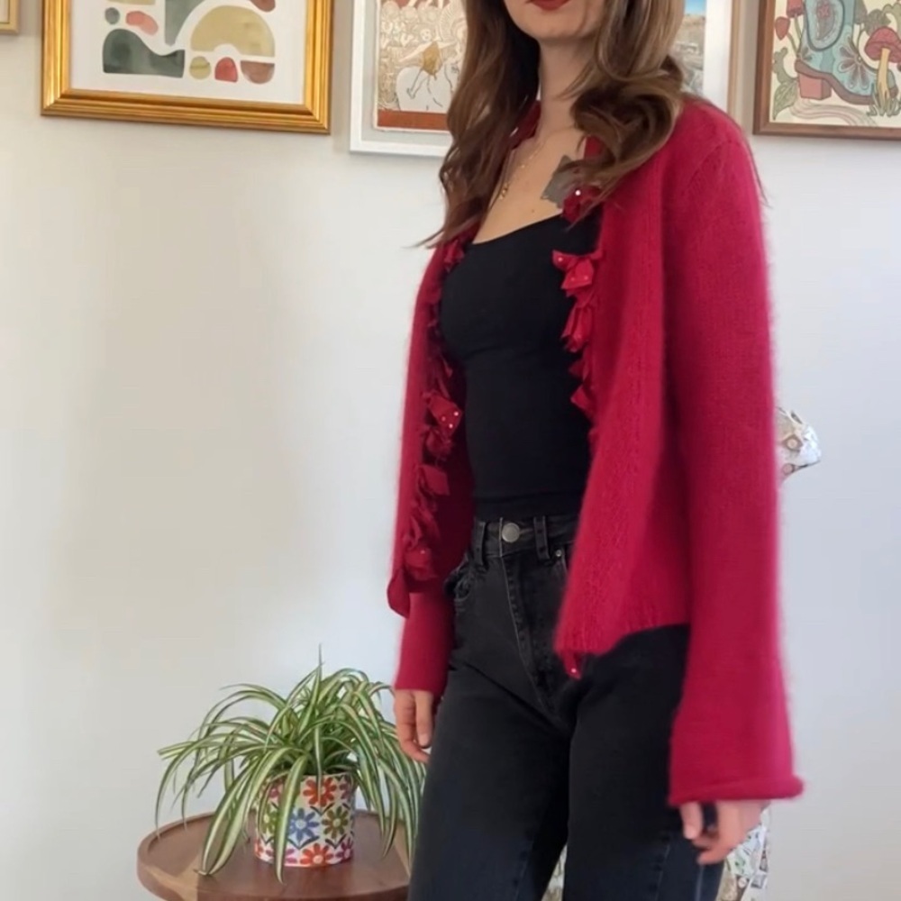 J Jill Wool + Rabbit Hair Red Cardigan with Ruffle Trim Small - Picture 8 of 9
